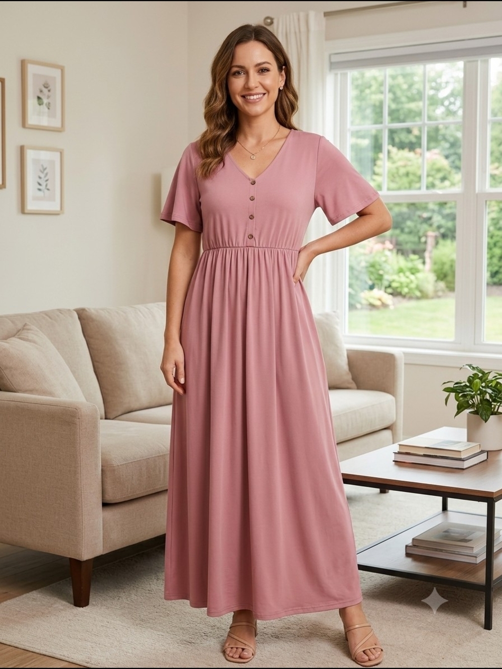 Women’s V-Neck Faux Button Maxi Dress in Dusty Rose Size XL - Picture 1 of 5